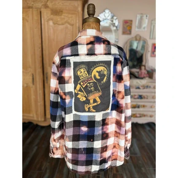 Distressed Upcycled Grunge Flannel Bleach Dye Jinx Patch Folk Art Shirt XL - Picture 6 of 7